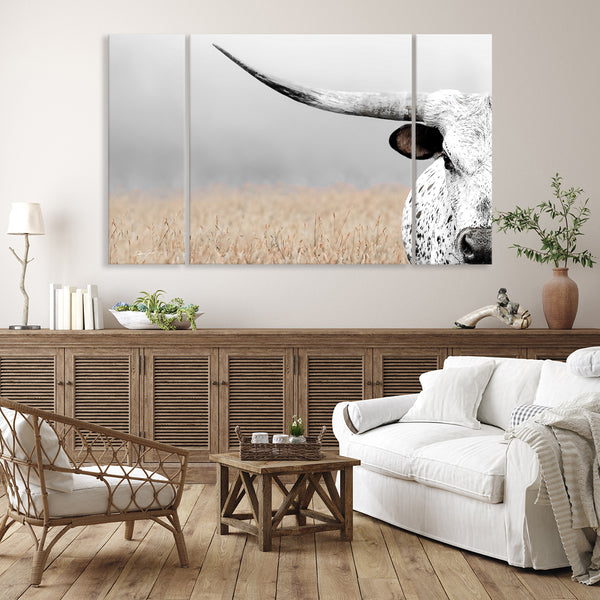 Shop three-panel longhorn canvas print sets - these triptych wall art pieces look fabulous on a large wall and fit well with multiple decor styles: western, modern farmhouse, traditional, eclectic, rustic