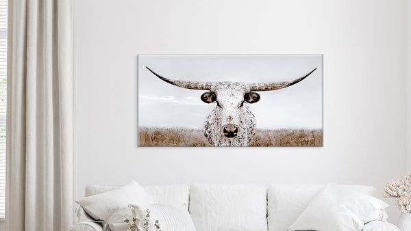 Longhorn Cow Print or Canvas, Western Home Decor, XL Cow Picture in Neutral Farmhouse Colors & Styles, Barn Wood Frames, Big Cow Picture by Debra Gail Fine Art