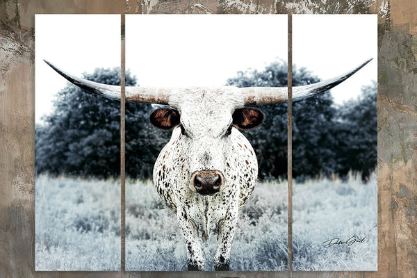 Shop three-panel longhorn canvas print sets - these triptych wall art pieces look fabulous on a large wall and fit well with multiple decor styles: western, modern farmhouse, traditional, eclectic, rustic