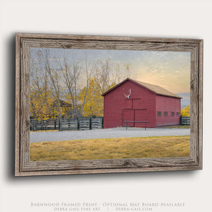 Red Wyoming Barn Wall Art – Rustic Western Farmhouse Landscape Print
