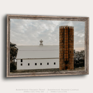 White Prairie Barn with Rustic Silo Wall Art – Minimalist Farmhouse Landscape Print