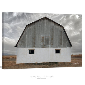 White barn wall art – winter farmhouse fine art print by Debra Gail Fine Art
