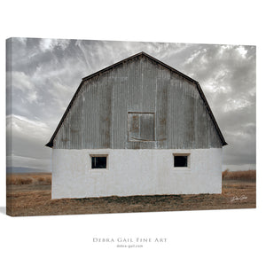 White barn wall art – winter farmhouse fine art print by Debra Gail Fine Art