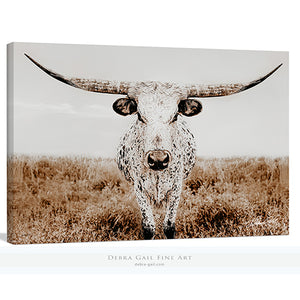 Longhorn Cow Print Picture, Simple Western Decor Wall Art by Debra Gail Fine Art, Neutral Farmhouse Style Tones