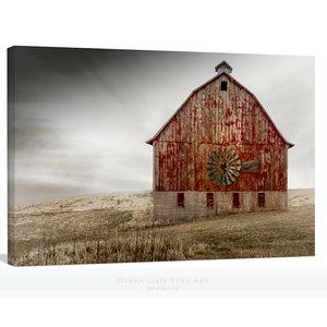 Old Red Barn with Windmill Canvas Wall Art or Print, Debra Gail Farmhouse Decor, Fine Art Rustic Weathered in a Storm, Old Barn Wall Art Canvas Wrap for Extra Large Living Room or Office Decor, Modern Farmhouse Decor, Gift for Her