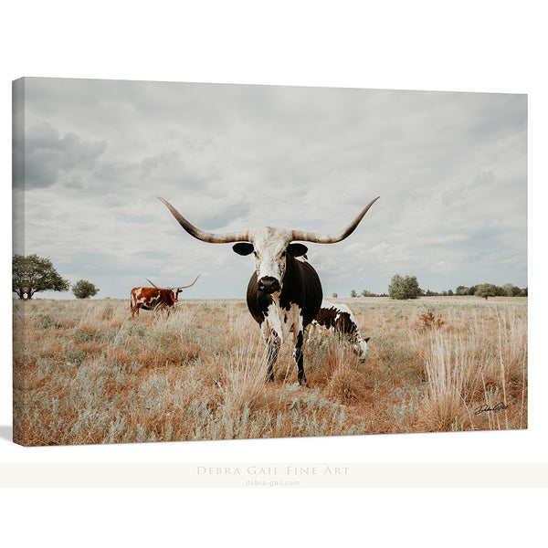 Texas Longhorn Cow with Her Calf - Farmhouse Art