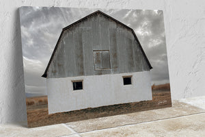 White barn wall art – winter farmhouse fine art print by Debra Gail Fine Art