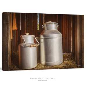 Vintage aluminum milk cans wall art – rustic farmhouse photography print by Debra Gail Fine Art