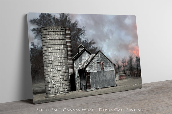 RUSTIC BARN AND SILO AT SUNSET - FINE ART PHOTOGRAPHY PRINT OR CANVAS