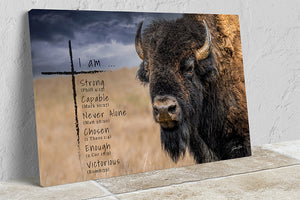 Bison Scripture Wall Art - I Am Strong - Inspirational Rustic Farmhouse Print