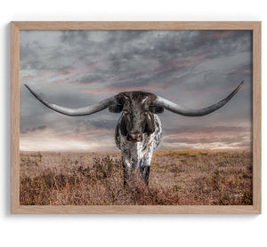 Texas Longhorn Wall Art - Large Rustic Longhorn Cow Canvas for Farmhouse Decor