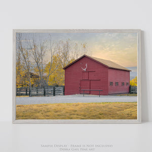 Red Wyoming Barn Wall Art – Rustic Western Farmhouse Landscape Print