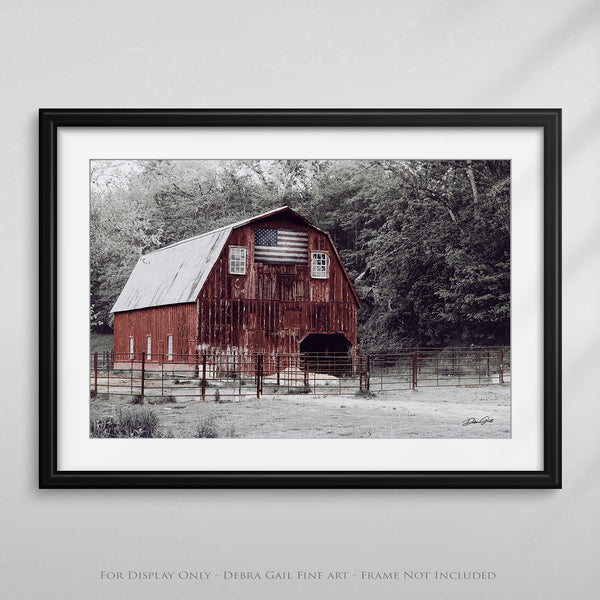 WINTER RED BARN LANDSCAPE WITH AMERICAN FLAG