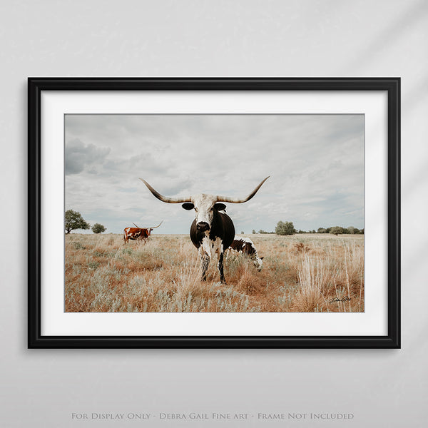 Texas Longhorn Cow with Her Calf - Farmhouse Art