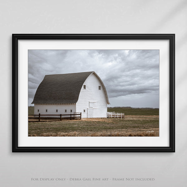 WHITE BARN LANDSCAPE PRINT ON A STORMY DAY