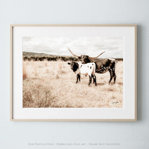 Western Landscape with Longhorn and Calf - Original Photography Print by Debra Gail - Texas Longhorn Cattle in Field - Rustic Home Decor - Fine Art Print - Nature Photography - High Quality Wall Art