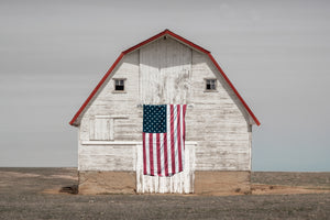 Patriotic Barn Wall Art | White Barn American Flag Farmhouse Canvas Print