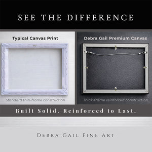 The image is an advertisement for Debra Gail Fine Art, showcasing two framed artworks. The left frame is a standard thin-frame construction, while the right frame is a thick-frame reinforced construction. The text on the image emphasizes the difference between the two frames, with the phrase "See the difference" and "Built Solid. Reinforced to Last."