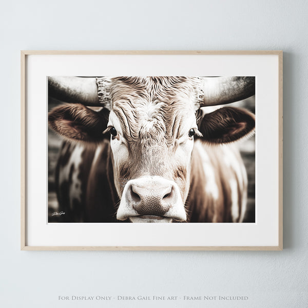 a picture of a cow with horns hanging on a wall