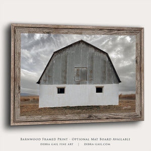 White barn wall art – winter farmhouse fine art print by Debra Gail Fine Art