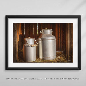 Vintage aluminum milk cans wall art – rustic farmhouse photography print by Debra Gail Fine Art