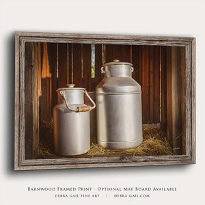 Vintage aluminum milk cans wall art – rustic farmhouse photography print by Debra Gail Fine Art