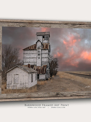 Barnwood framed art print of a grain elevator and cloudy sky, a Kansas Great Plains landscape print by Debra Gail