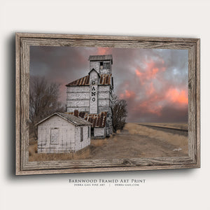Barnwood framed art print of a grain elevator and cloudy sky, a Kansas Great Plains landscape print by Debra Gail