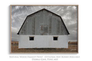 White barn wall art – winter farmhouse fine art print by Debra Gail Fine Art