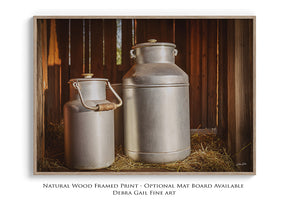 Vintage aluminum milk cans wall art – rustic farmhouse photography print by Debra Gail Fine Art