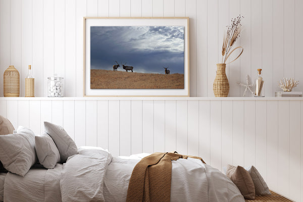 a bedroom with a bed and a picture on the wall