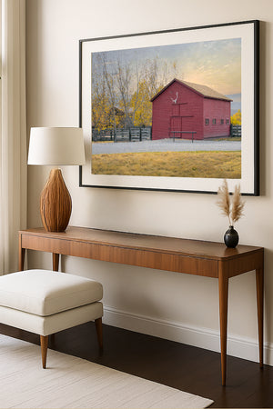 Red Wyoming Barn Wall Art – Rustic Western Farmhouse Landscape Print