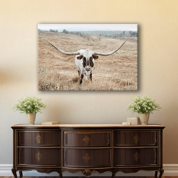 Longhorn Cow Print or Canvas - Neutral Farmhouse Artwork