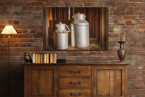 Vintage aluminum milk cans wall art – rustic farmhouse photography print by Debra Gail Fine Art