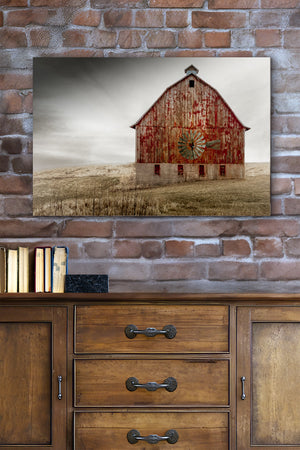 Red Barn with Windmill Wall Art  -  Rustic Farmhouse Country Print