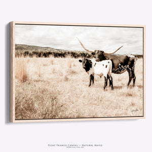 Longhorn Cow Calf Decor | Texas Longhorn Art Rustic Western Wall Canvas