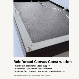 a close-up view of a canvas construction, highlighting the rigid black backing and reinforced layer behind the canvas face, which are designed to provide added support and maintain the authentic look and texture of fine art canvas.