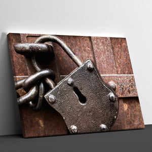 Close detail of antique padlock with chain fine art photograph