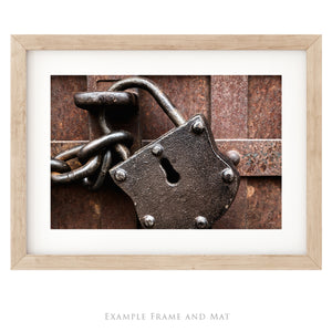 Rustic Vintage Padlock Wall Art – Industrial Farmhouse Metal Texture Photography – Western Ranch Decor