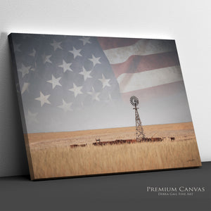 American Prairie Windmill Wall Art – Western Landscape with Subtle Flag Overlay – Rustic Ranch Decor – Fine Art Photography Print or Canvas