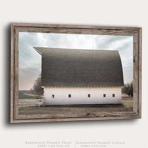 White Gambrel Barn Wall Art | Farmhouse Landscape Print - Old Farm Scene