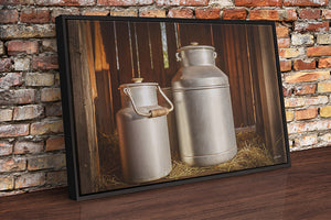 Vintage aluminum milk cans wall art – rustic farmhouse photography print by Debra Gail Fine Art