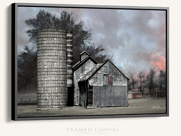 RUSTIC BARN AND SILO AT SUNSET - FINE ART PHOTOGRAPHY PRINT OR CANVAS