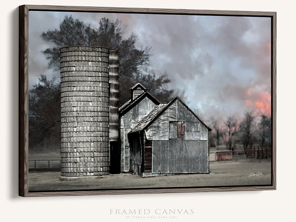 RUSTIC BARN AND SILO AT SUNSET - FINE ART PHOTOGRAPHY PRINT OR CANVAS