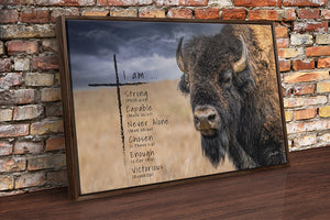 Bison Scripture Wall Art - I Am Strong - Inspirational Rustic Farmhouse Print