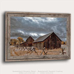 A barnwood framed rustic art canvas print showing two weathered wooden barns under a dramatic cloudy sky, with a fence and dry grass in the foreground. 
