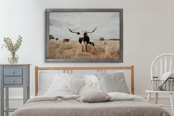 Texas Longhorn Cow with Her Calf - Farmhouse Art