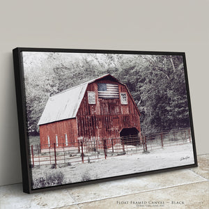 Patriotic Red Barn Wall Art | Winter Great Plains Farm Landscape