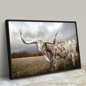 Close-up of Texas Longhorn art in a handcrafted reclaimed barnwood frame