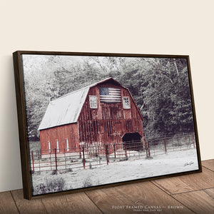 Patriotic Red Barn Wall Art | Winter Great Plains Farm Landscape